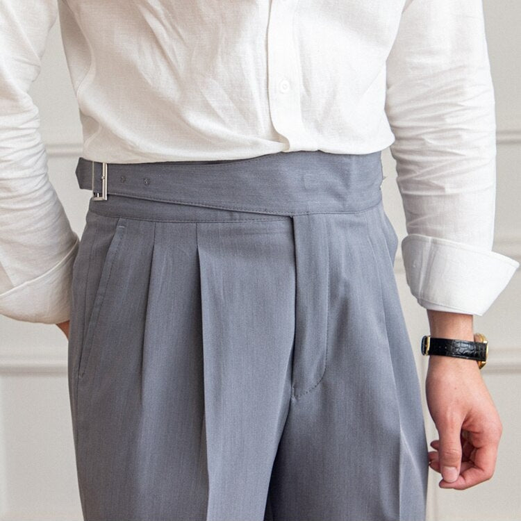 Men’s High-Waisted Trousers – Tailored Fit – Pleated Front – Adjustable Side Buckle