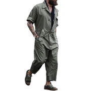 Men's Casual Solid Color Multi-Pocket Belt Jumpsuit