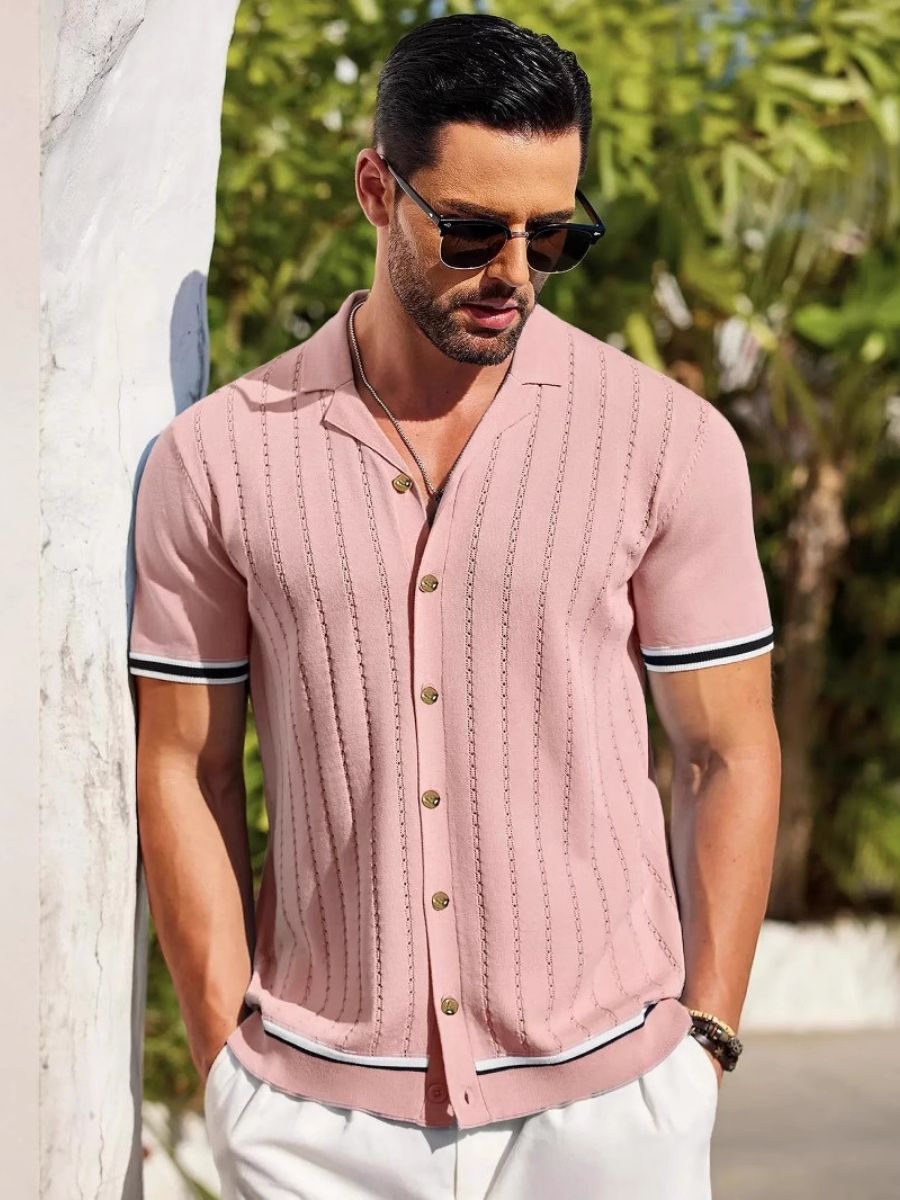 Pink Textured Striped Knit Shirt