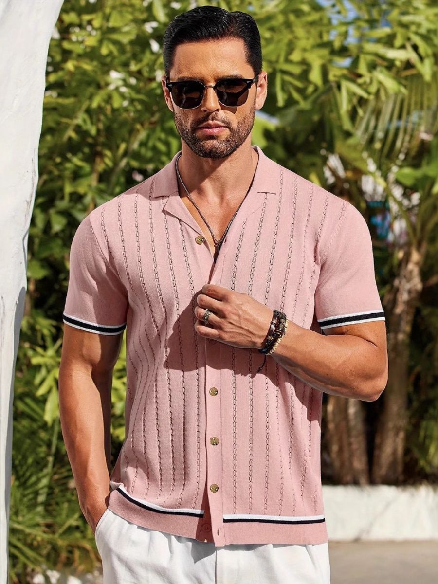 Pink Textured Striped Knit Shirt