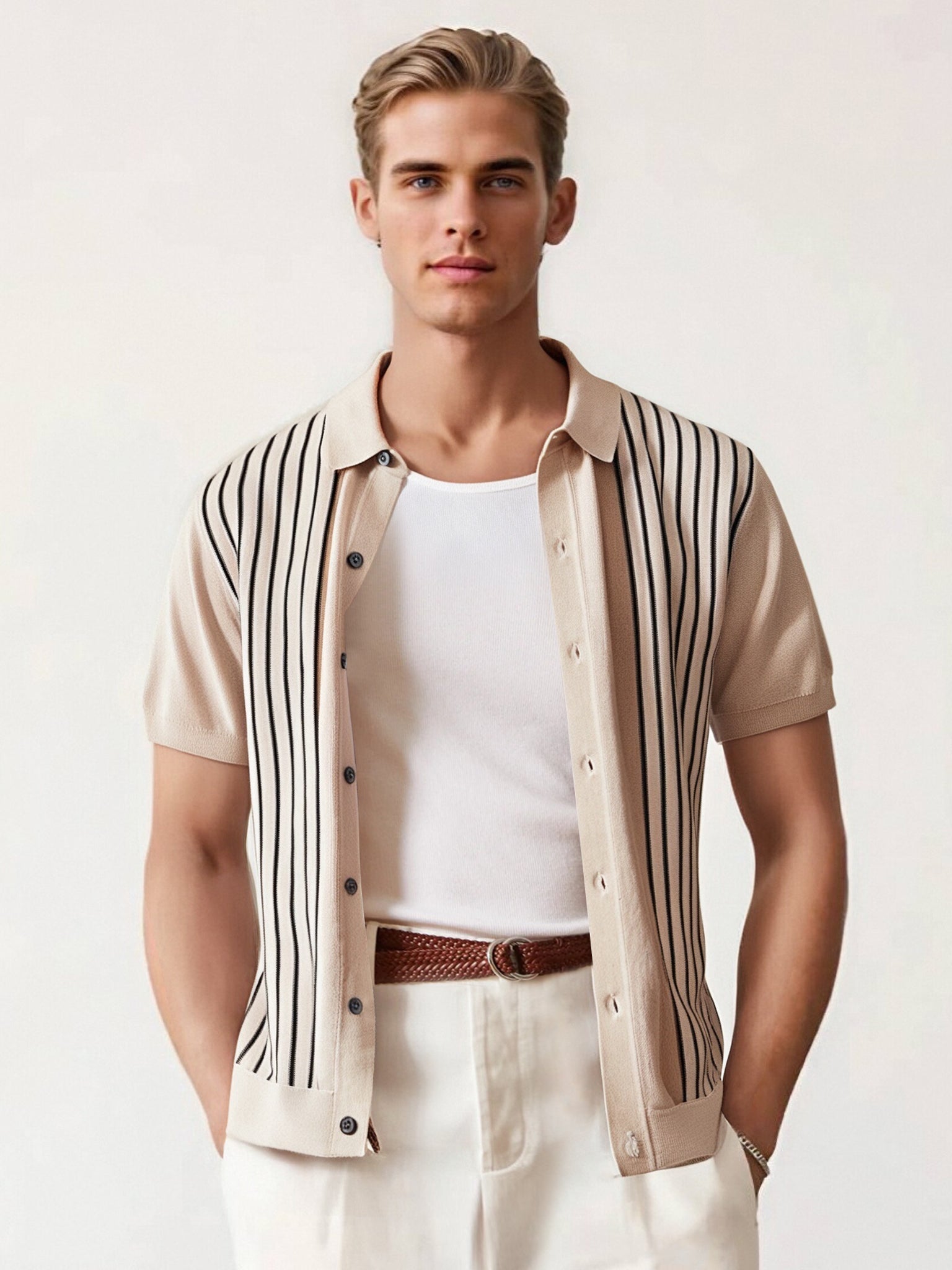 Casual Striped Knit Button Up Polo
