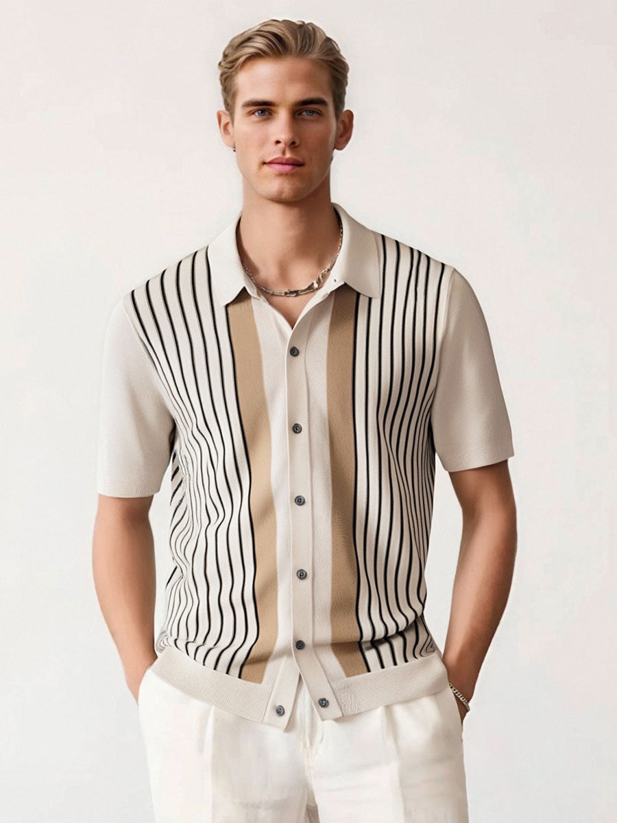 Casual Striped Knit Button Up Polo