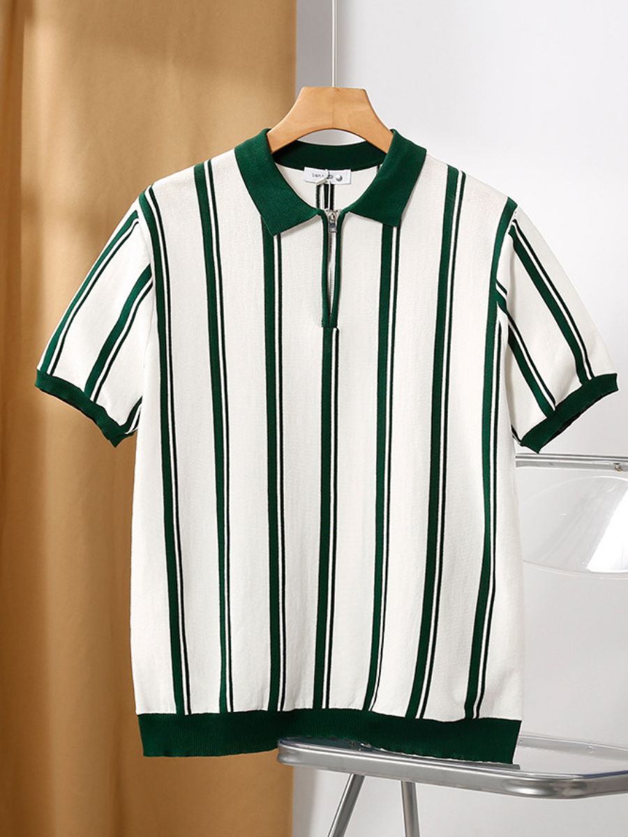 Vertical Stripe Knit Quarter Zip Polo