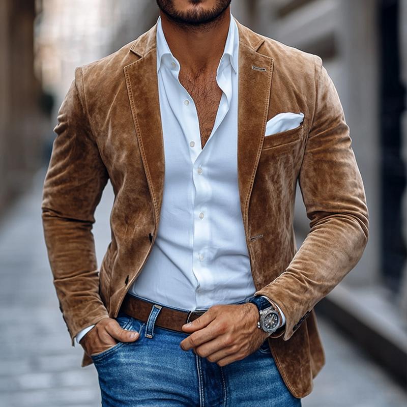 Men's Fashion Solid Suede Notch Lapel Two Buttons Casual Blazer